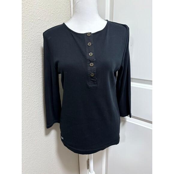 Women’s black 3/4 sleeve 1/4 button front blouse t-shirt size L Ralph Lauren - Picture 1 of 8